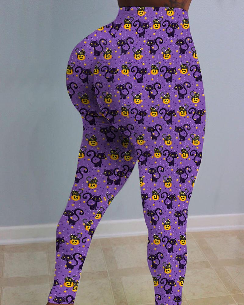 

Halloween Pumpkin Cat Print High Waist Fitted Pants, Purple