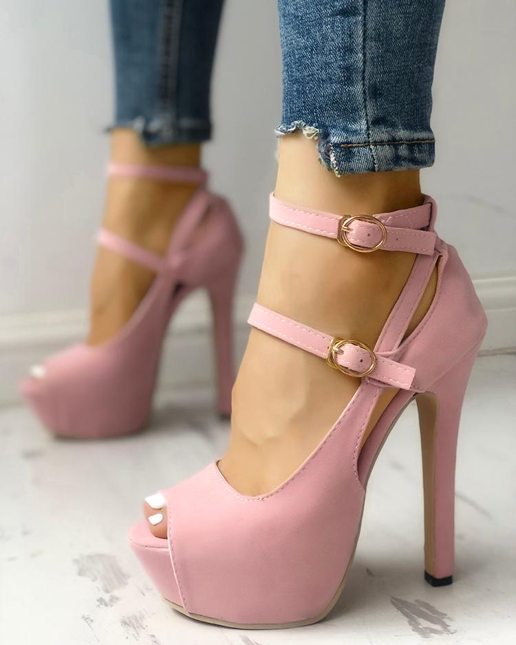 

Peep Toe Buckle Platform Thin Heeled Sandals, Pink