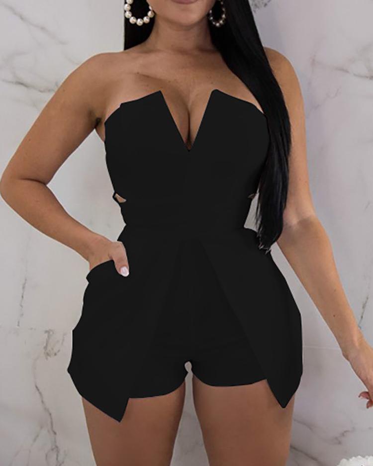 

V Neck Zipper Up Back Tube Romper, Black