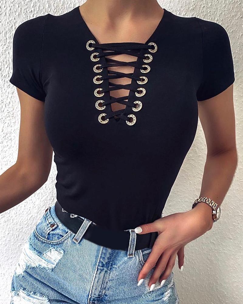 

Eyelet Lace-up Short Sleeve Bodysuit, Black