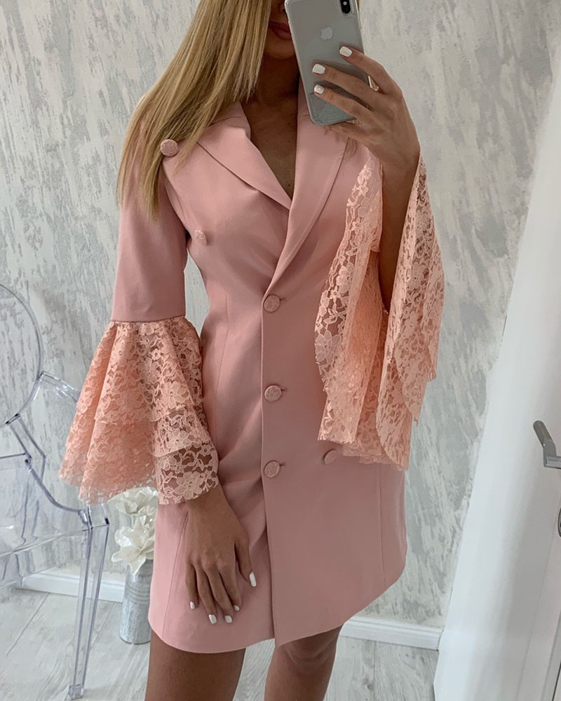 

Lace Bell Sleeve Double Breasted Blazer Dress