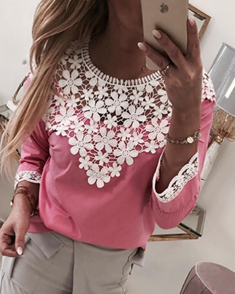 

Floral Lace Trim Casual Blouse, Pink