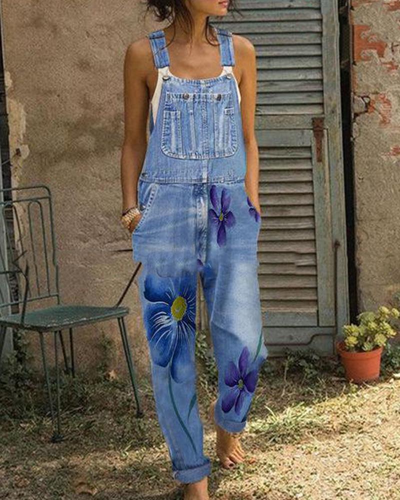 

Floral Side Pocket Overall Jumpsuit, Light blue