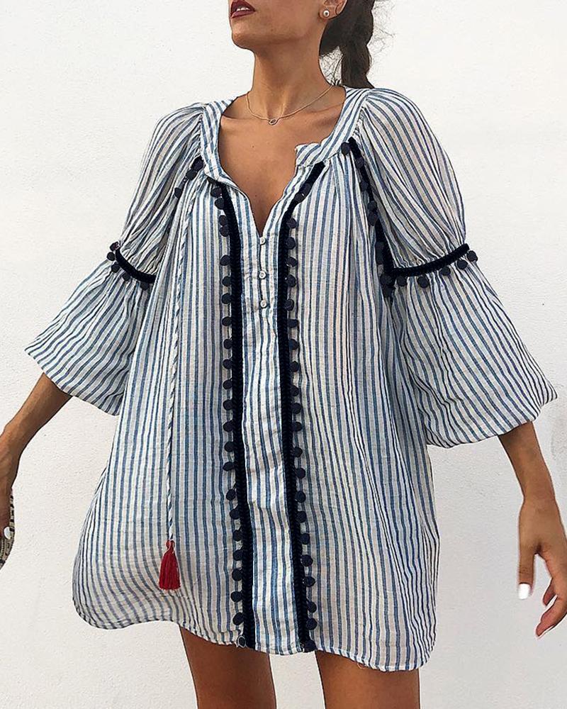 

Striped Bell Sleeve Pom Pom Casual Dress