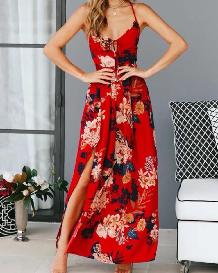 

Floral Print Side Slit Backless Summer Maxi Dress, Red