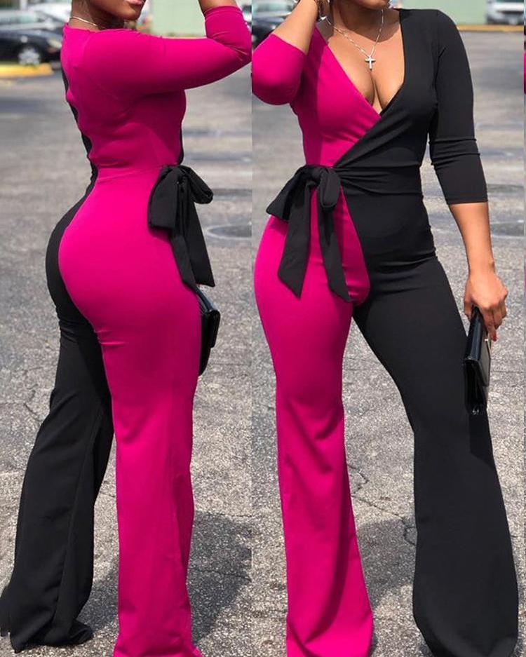 

Two Tone Tied Waist Wrap Jumpsuits, Hot pink