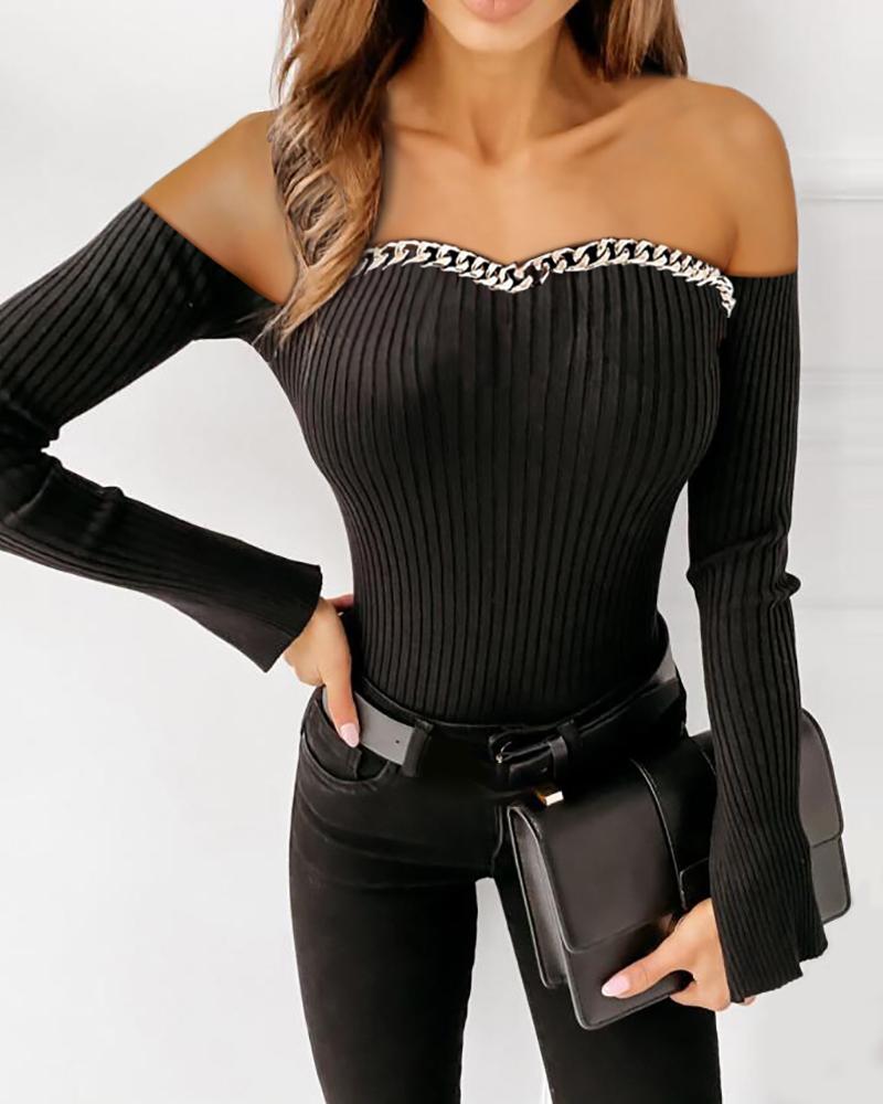 

Off Shoulder Chain Decor Bell Sleeve Rib-knit Top, Black