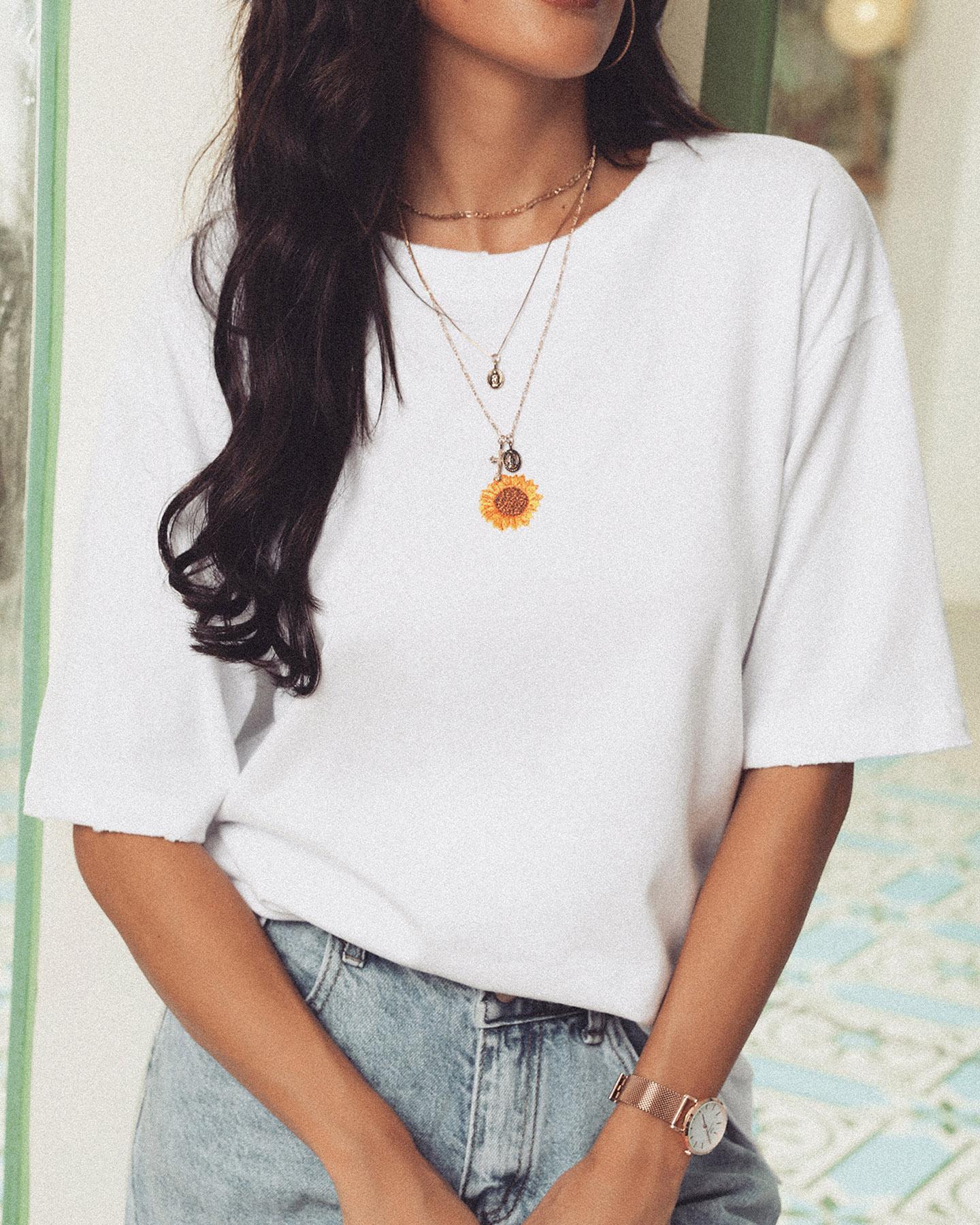 

Sun Pattern Embroidery Casual T-shirt, White