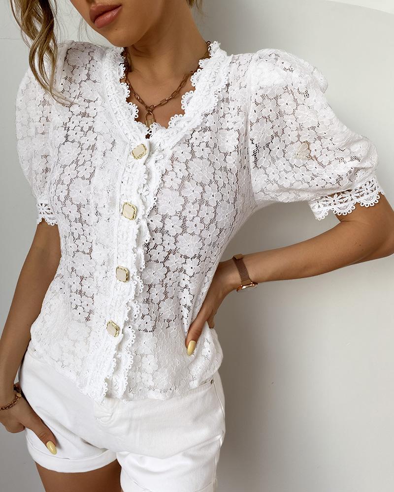 

Floral Pattern Guipure Lace Puff Sleeve Top, White
