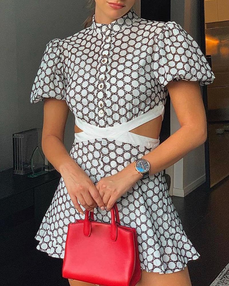 

Cut Out Waist Lantern Sleeve Print Dress
