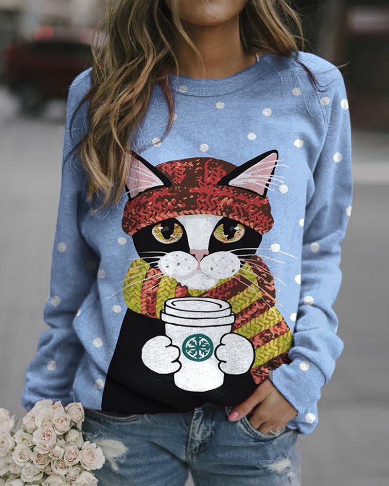 

Dot And Catty Print Long Sleeve Loose Sweatshirts, Blue