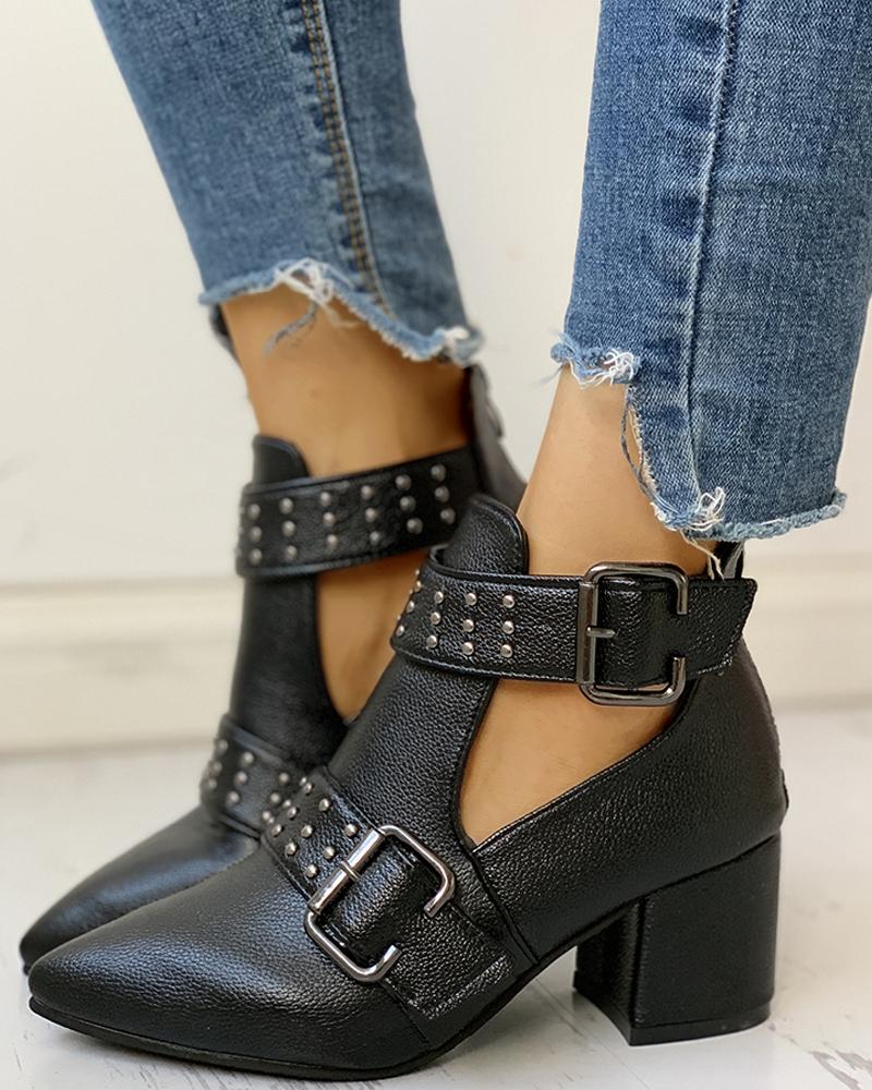 

Studded PU Ankle-buckled Pointed Toe Chunky Heels, Black