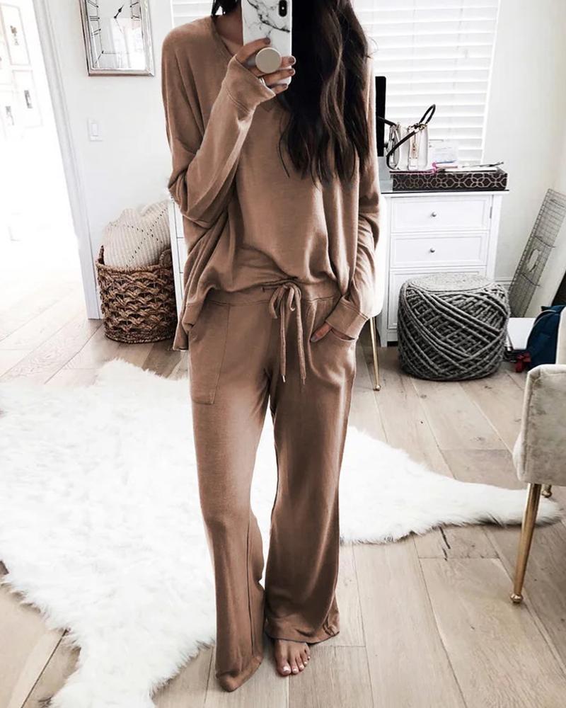 

Plain Long Sleeve Top & Drawstring Pants Set, Coffee