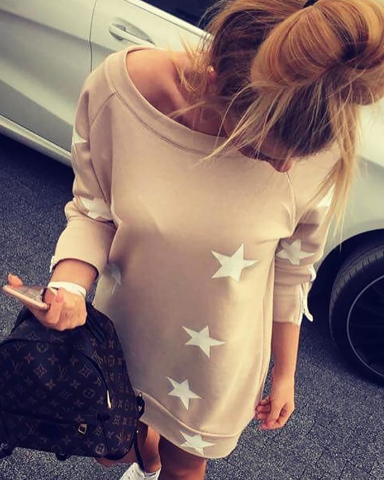 

Casual Star Print Boat Neck Casual Dress, Khaki