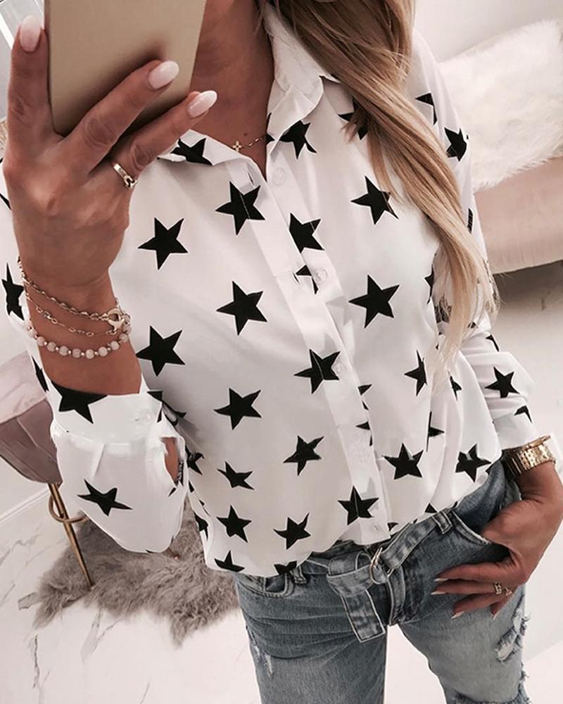 

Star Pattern Print Long Sleeve Shirt, White