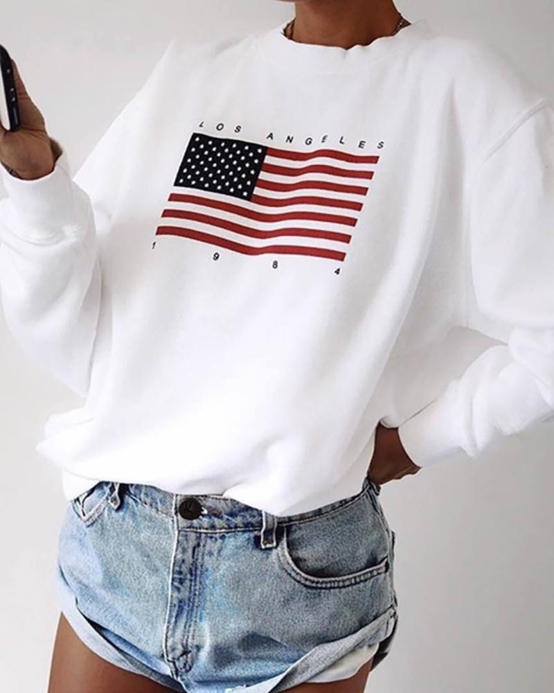 

Flag Print Long Sleeve Casual Top, White