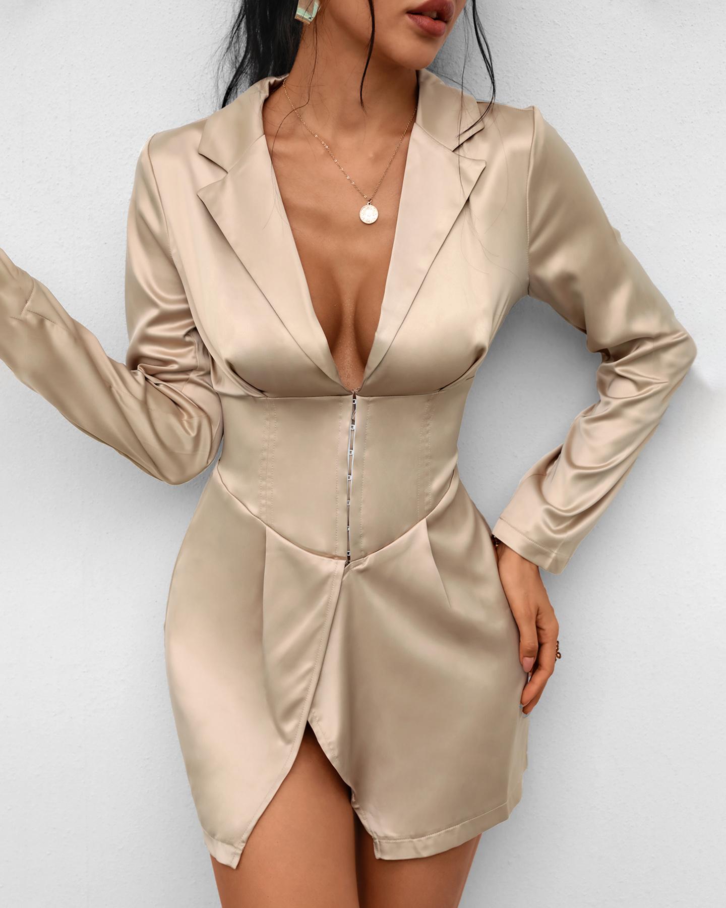 

Satin Corset Long Sleeve Slit Dress, Champagne