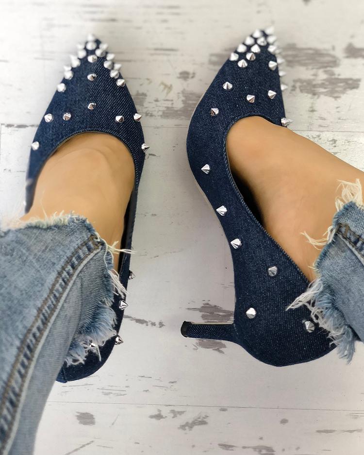 

Rivets Embellished Pointed Toe Denim Thin Heels
