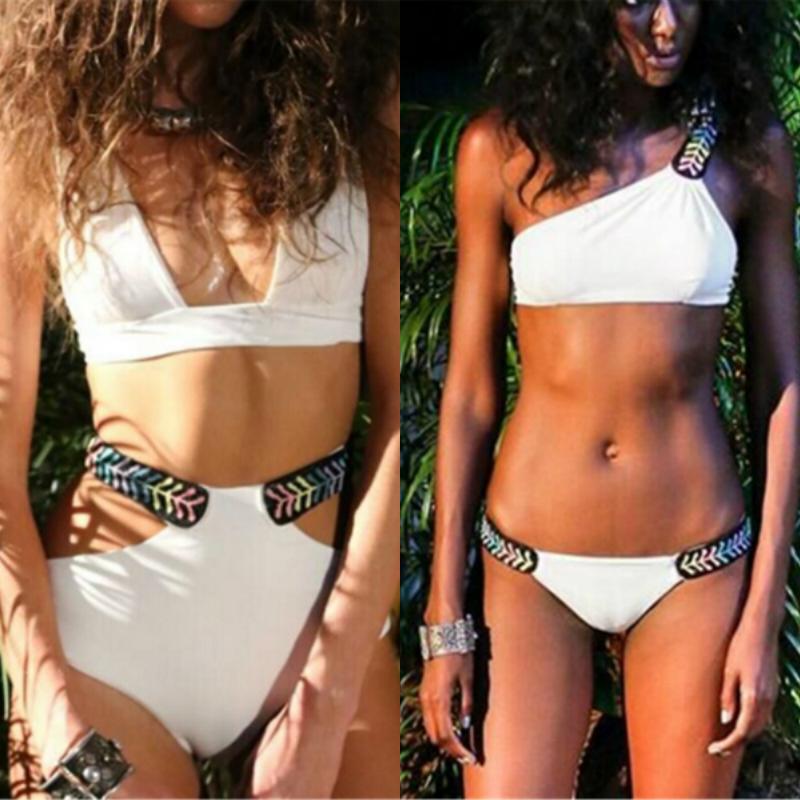 

Women' Solid 2 Pcs Bikini Swimsuit Black Bandage Bathing Suit Swimwear Plus Size Bikini Set, Multicoloured;white