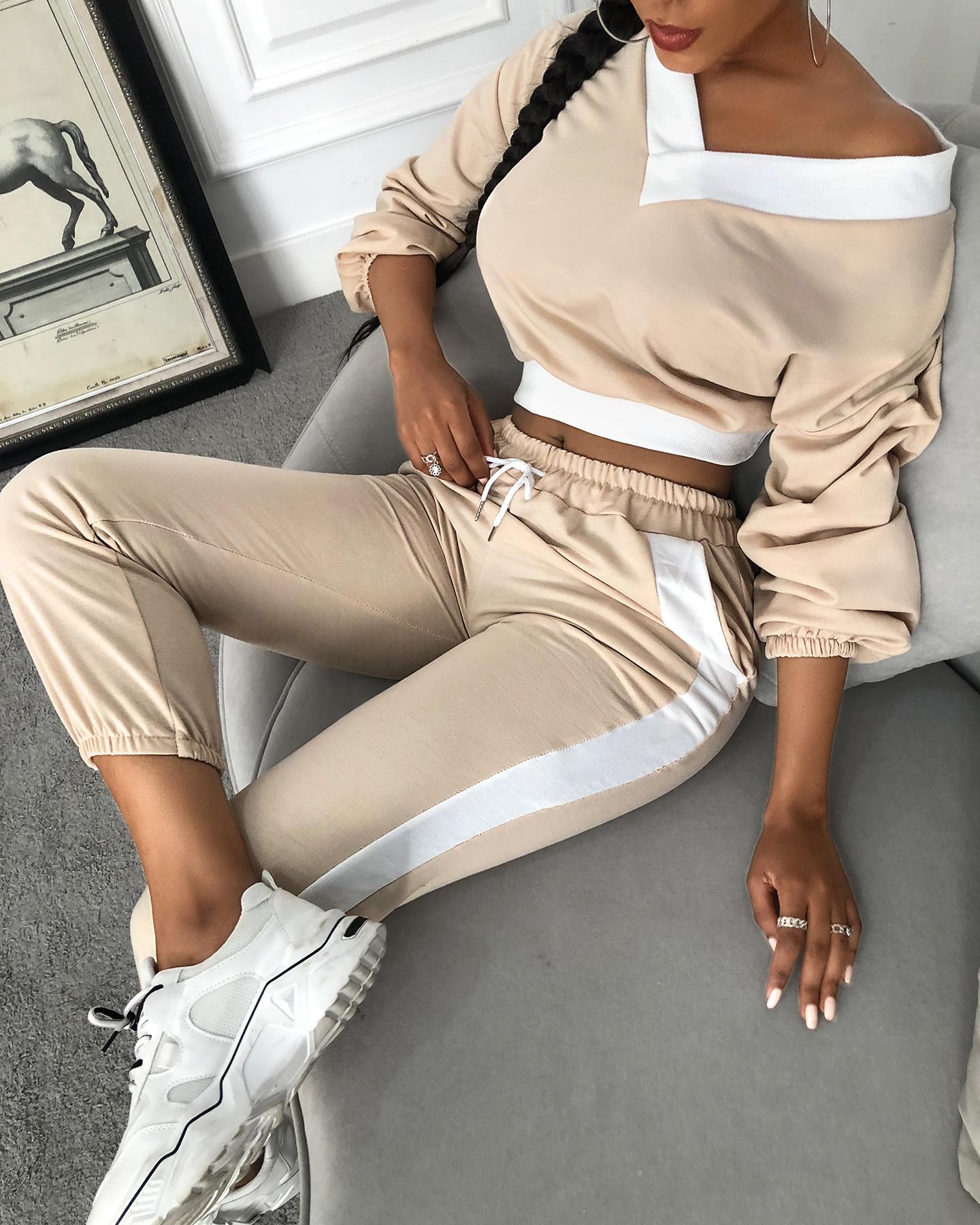 

Colorblock Long Sleeve Crop Top & Drawstring Pants Set, Apricot