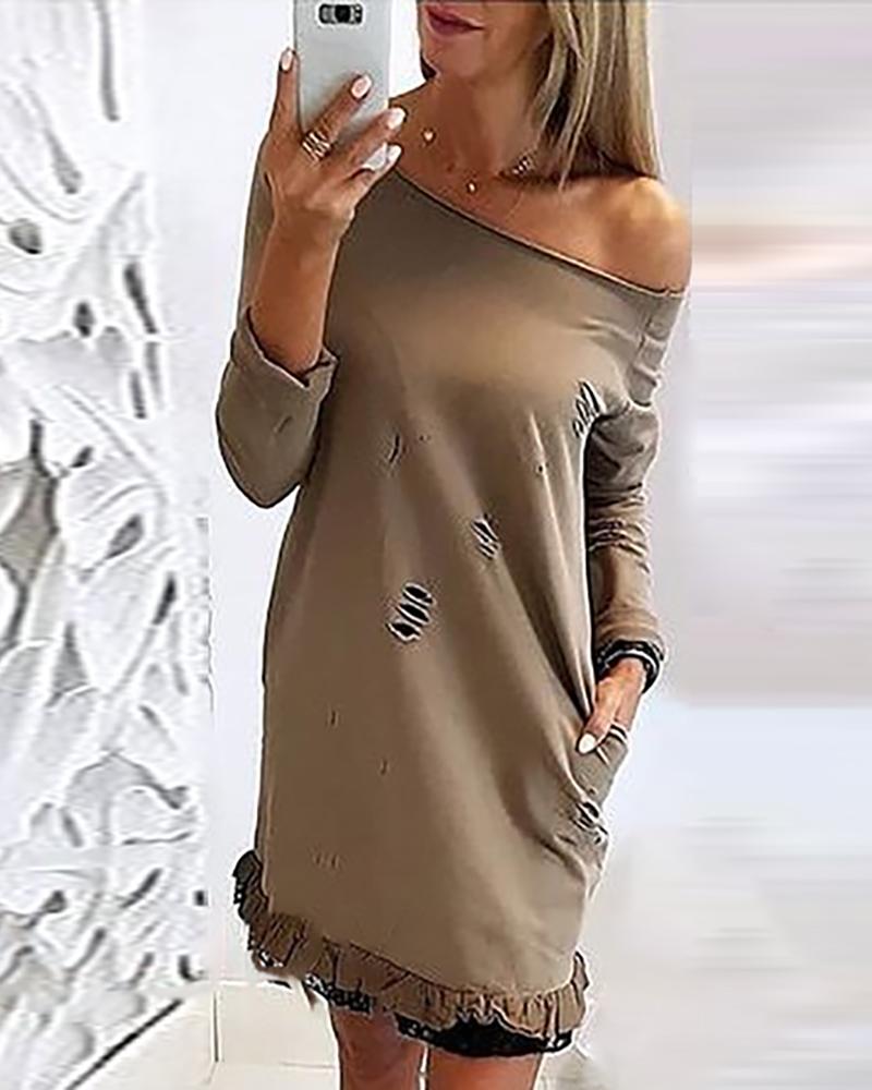 

Cutout Pocket Design Ruffles Long Sleeve Dress, Khaki