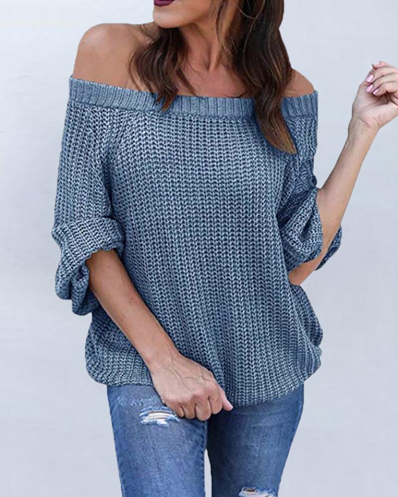 

Solid Off Shoulder Long Sleeve Knitting Sweater, Blue