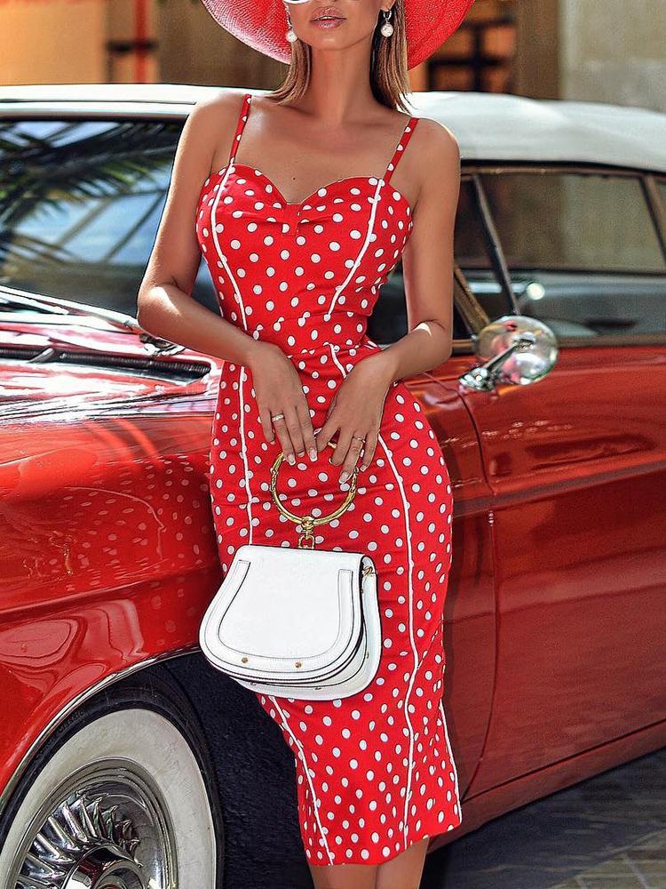 

Dots Print Ruched Sweetheart Bodycon Dress, Red