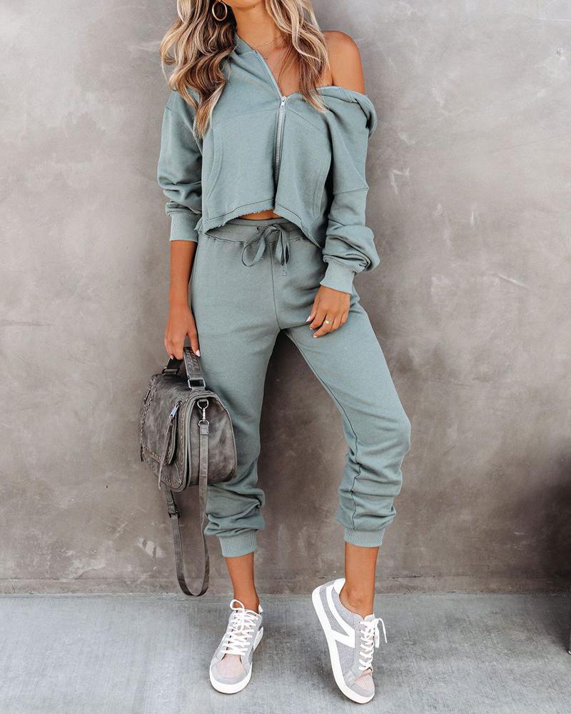 

Solid Long Sleeve Loose Sweatshirts Suit Sets, Blue