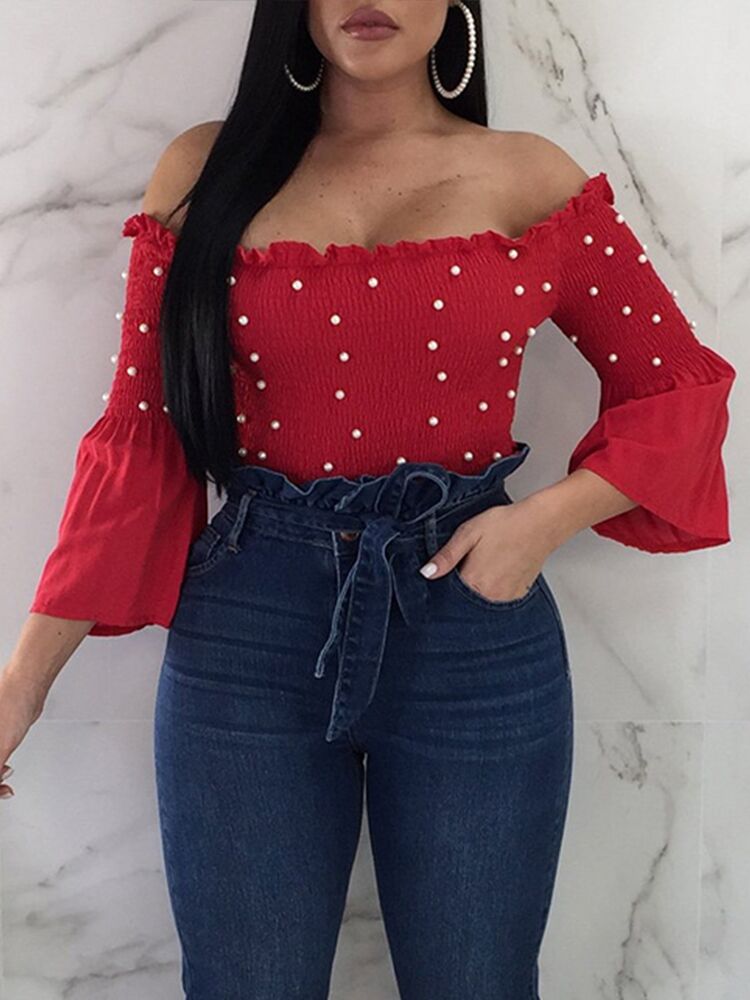 

Beading Embellished Shirring Peplum Top