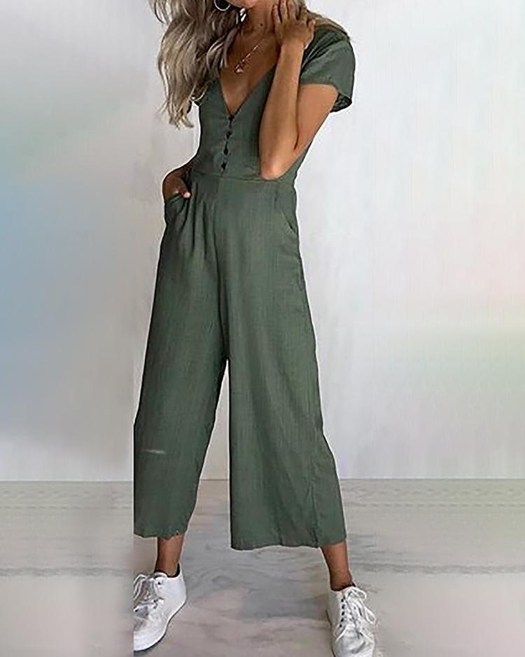 

Solid Button Pocket Design Wide Leg Jumpsuit, Army green