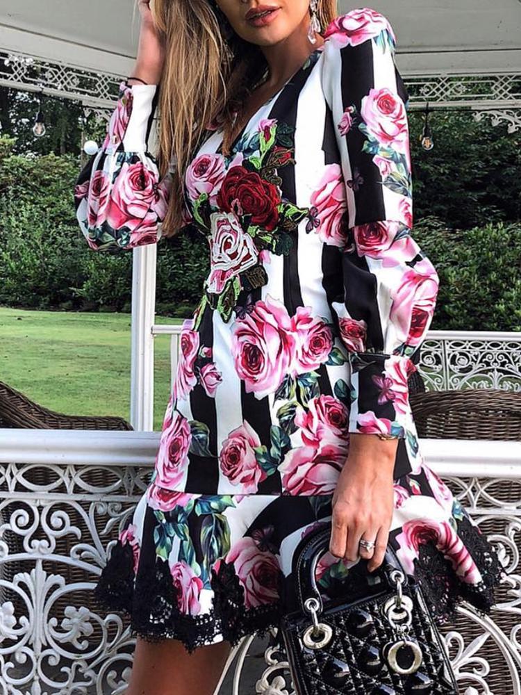 

Floral Print Ruffles Lace Trim Casual Dress, Multicolor
