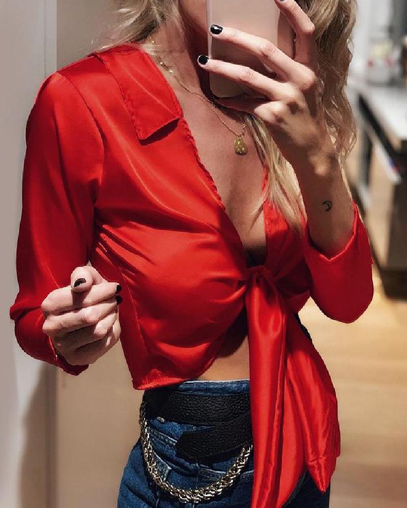 

Sexy Satin Front Tie Blouse
