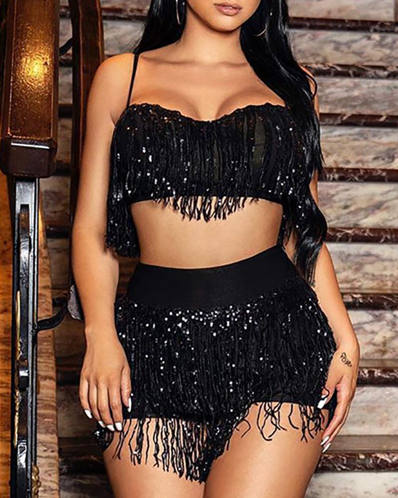 

Spaghetti Strap Tassel Sequins Crop Top & Skirt Sets, Black