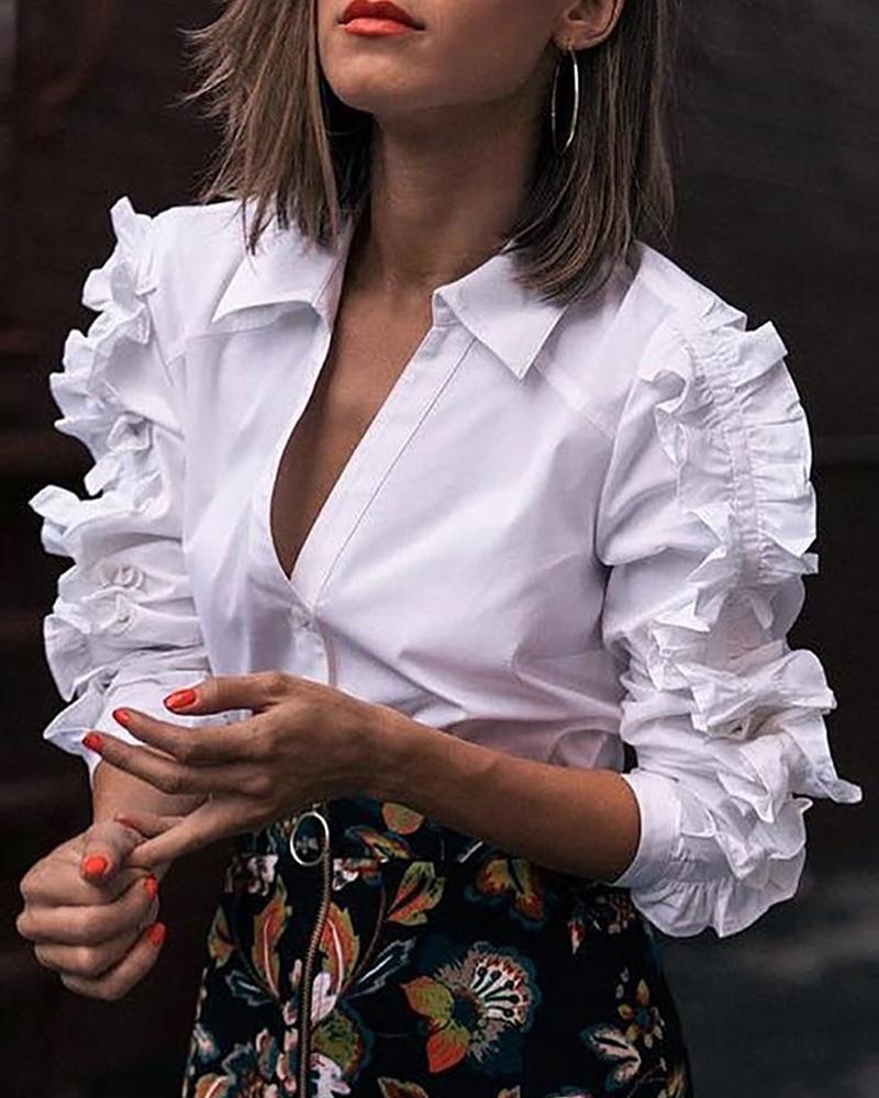 

White Long Ruffle Sleeve Vintage Top
