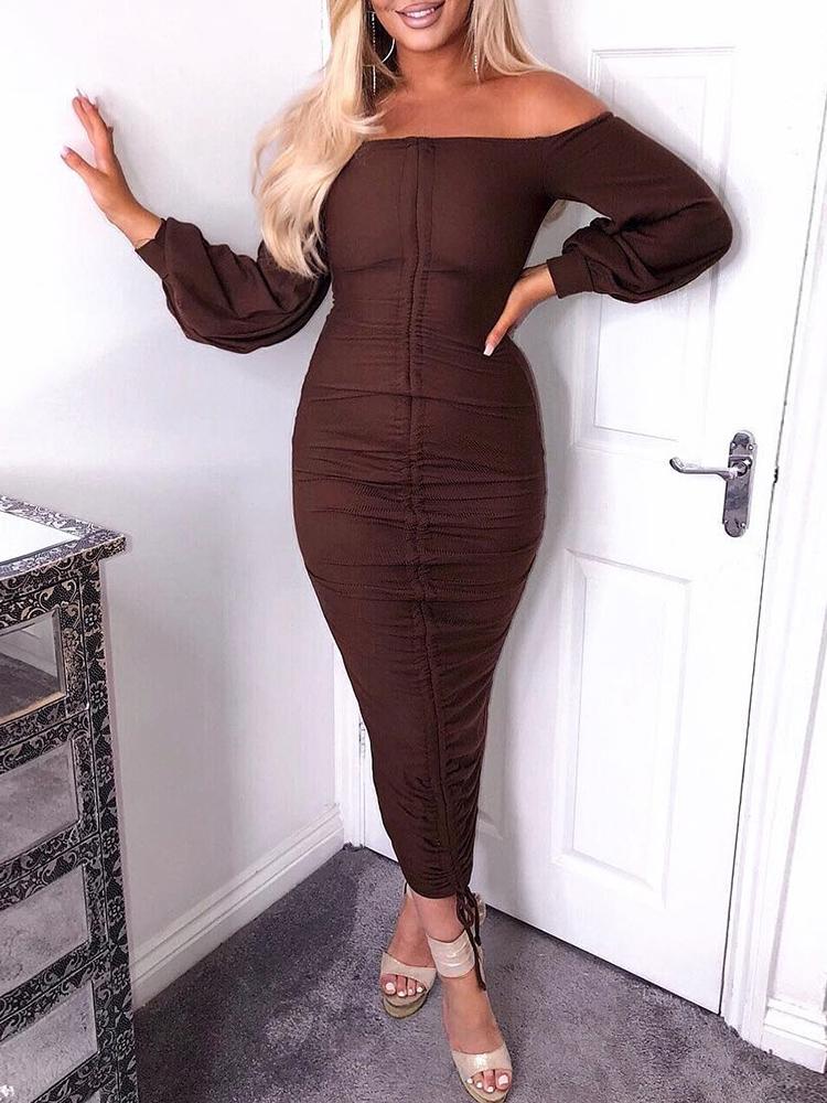

Off Shoulder Drawstring Design Slinky Dress