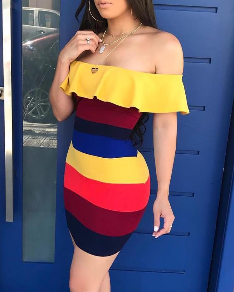

Rainbow Striped Flounce Off Shoulder Bodycon dress