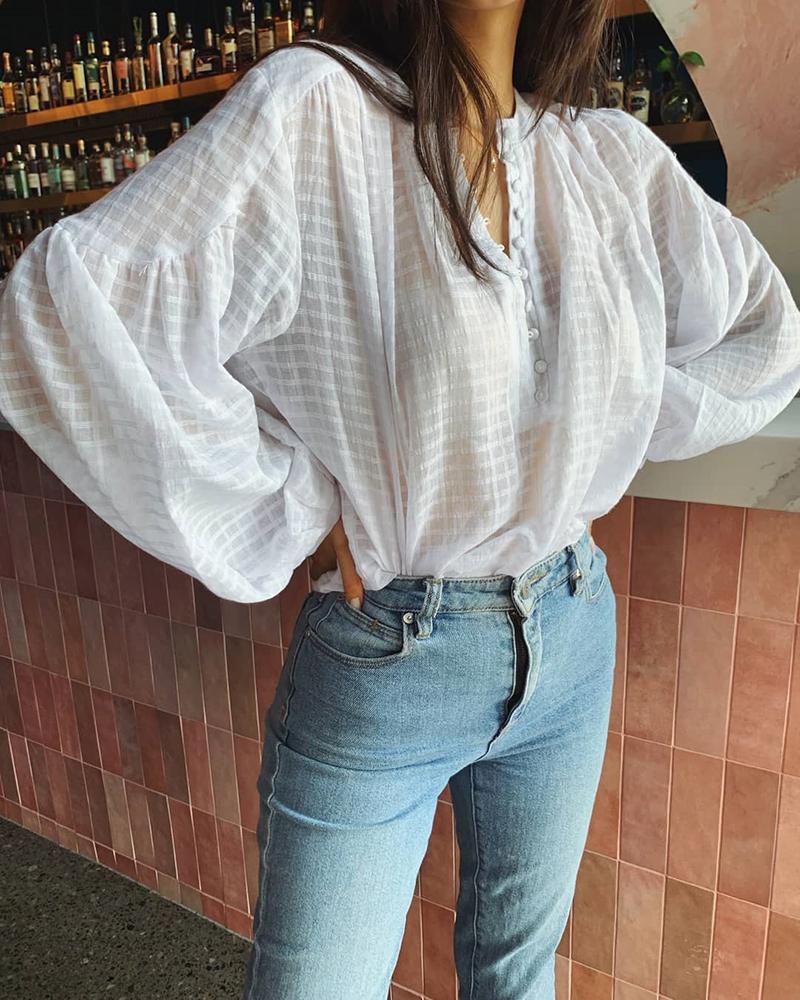 

Lantern Sleeve Grid Buttoned Blouse