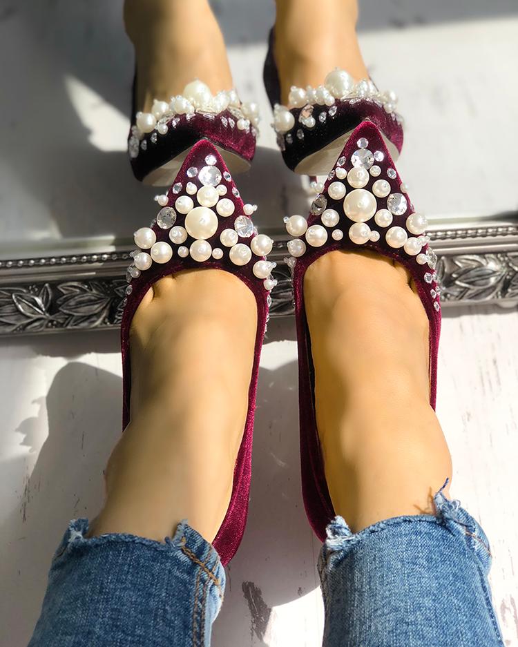 

Velvet Beaded Embellished Thin Pumps, Wine red