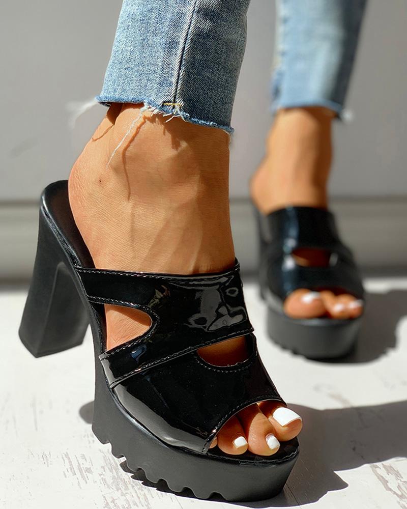

Solid PU Hollow Out Platform Chunky Heeled Sandals, Black