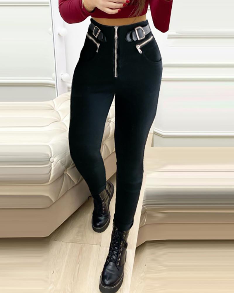 

Buckled Zipper Design Skinny Pants, Black