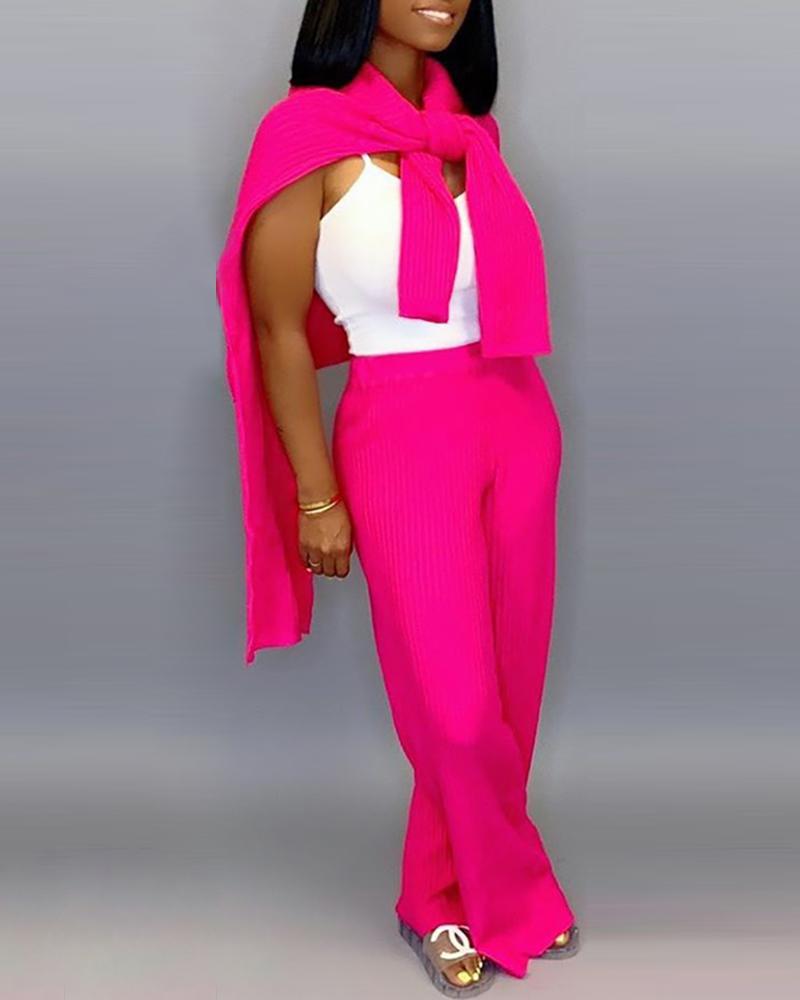 

Round Neck Ribbed Knotted Casual Top & Pants Sets, Hot pink