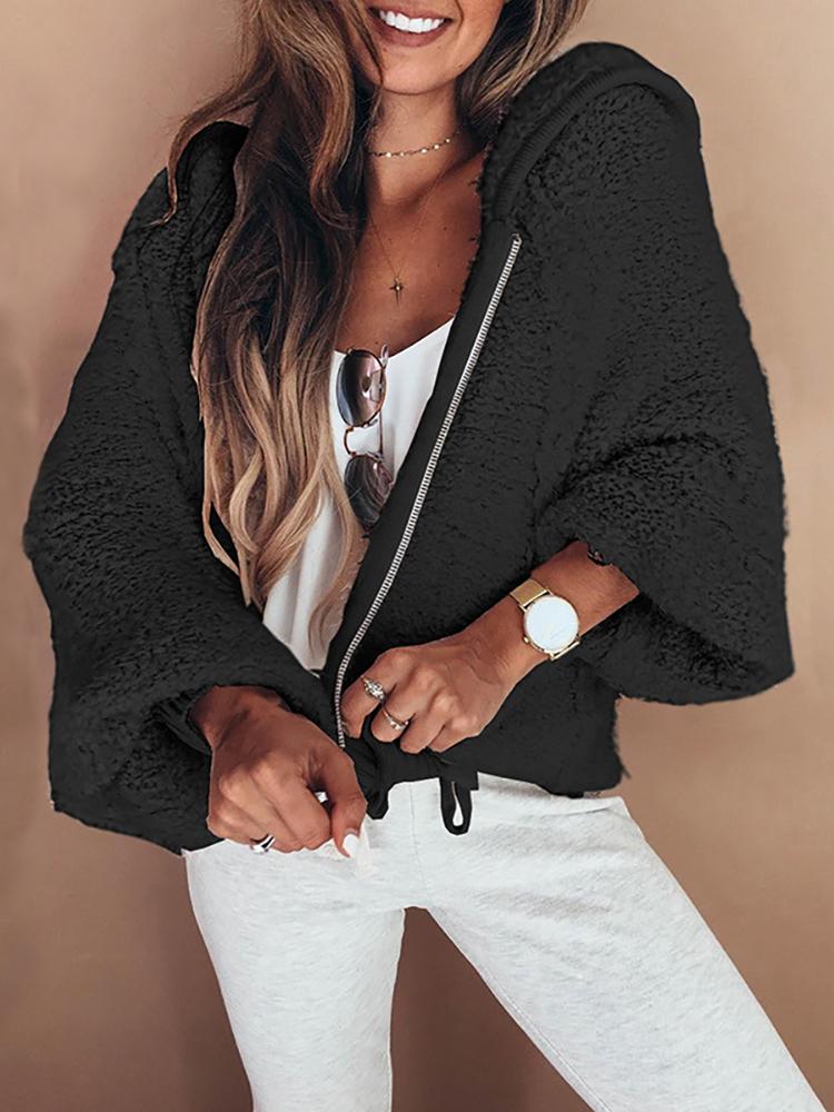 

Fluffy Zipper Up Lantern Sleeve Hooded Coat