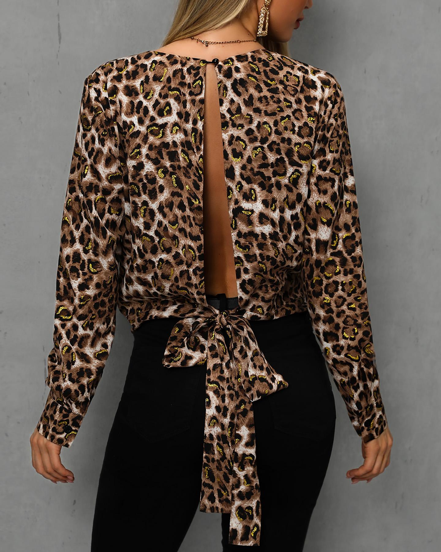 

Leopard Print Slit Knot Back Casual Blouse