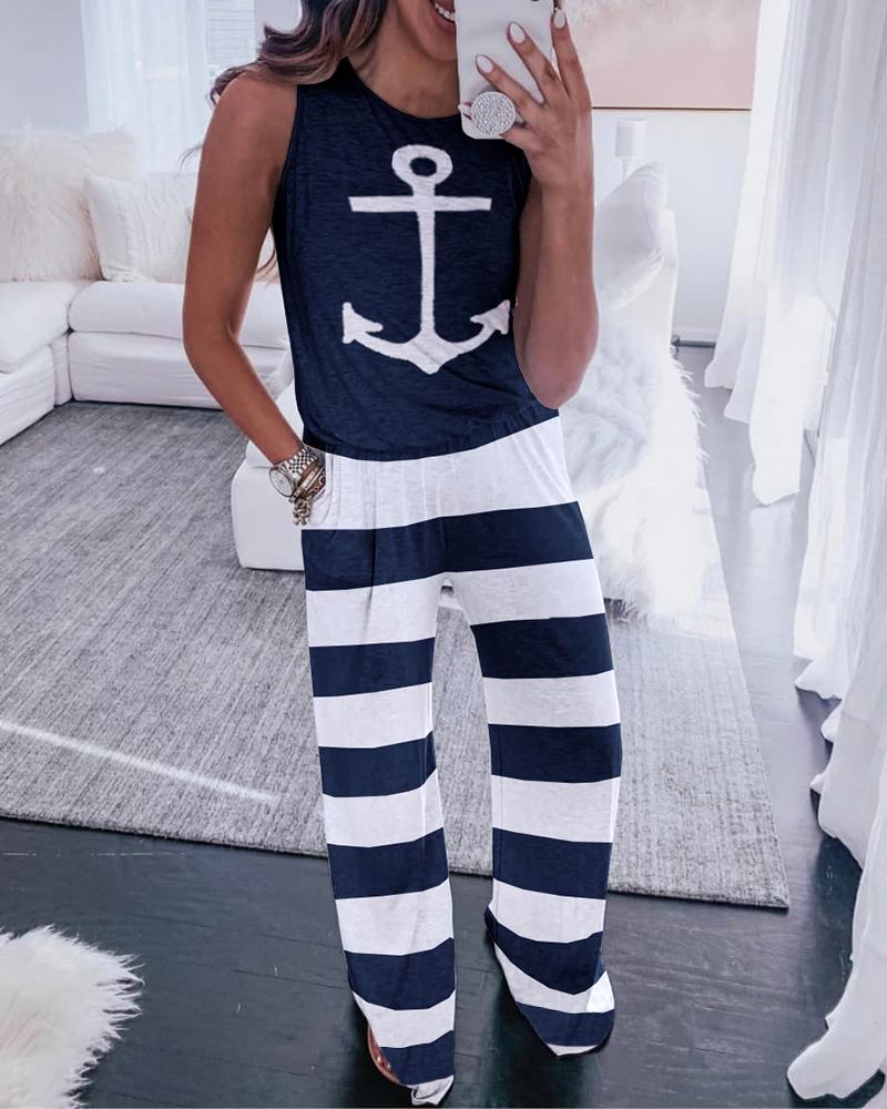 

Boat Anchor Print Striped Sleeveless Jumpsuit, Purplish blue