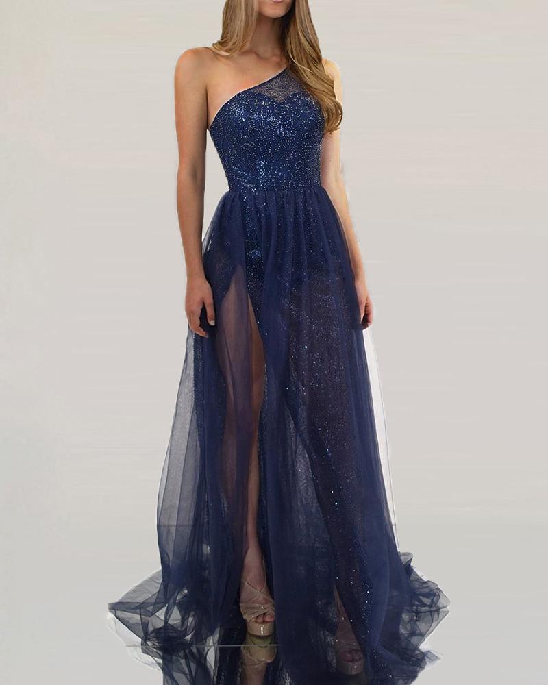 

Glitter Mesh One Shoulder High Slit Maxi Dress, Blue