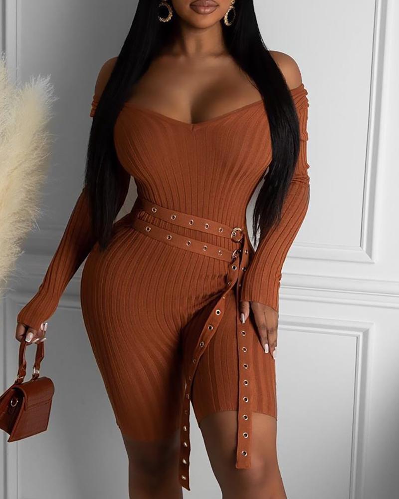 

Plain Ribbed Long Sleeve Skinny Romper, Brown