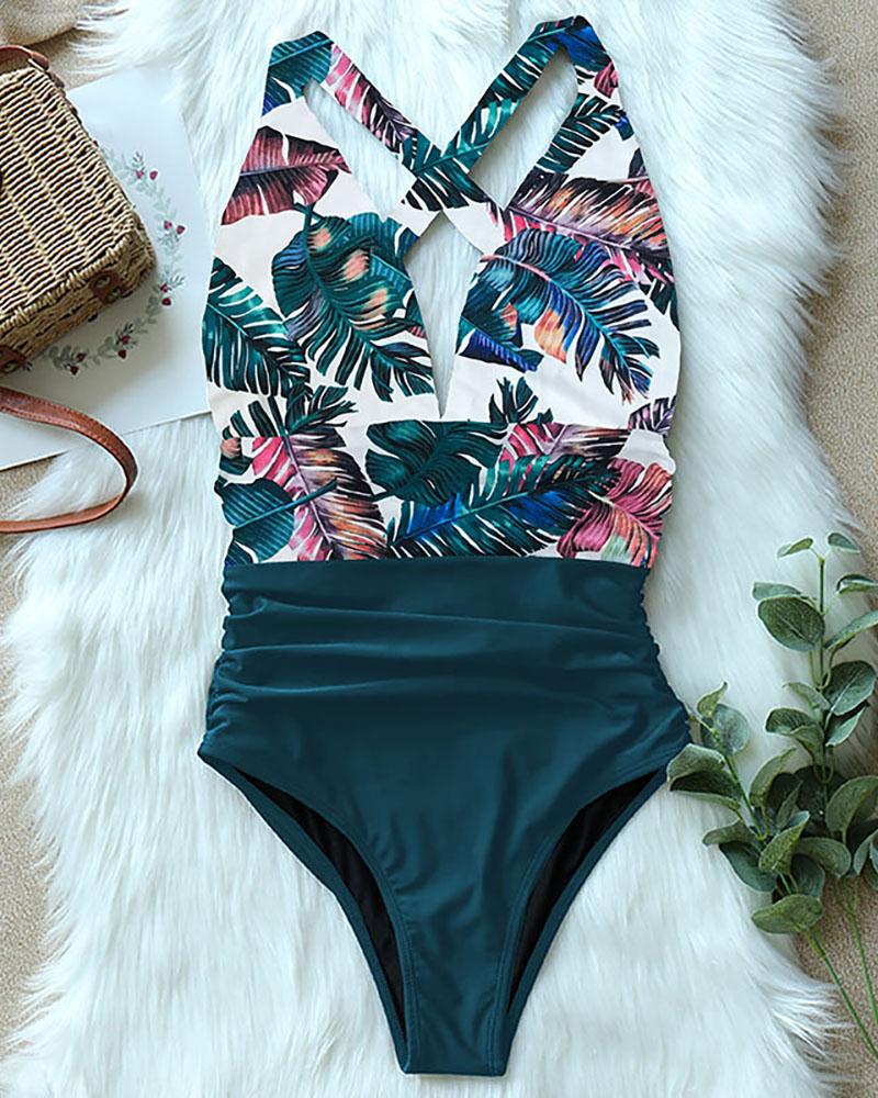 

V Neck Halter One Piece Swimsuit, Dark blue