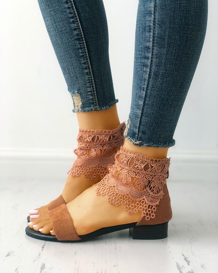 

Lace Zipper Back Single Strap Flat Sandals, Beige