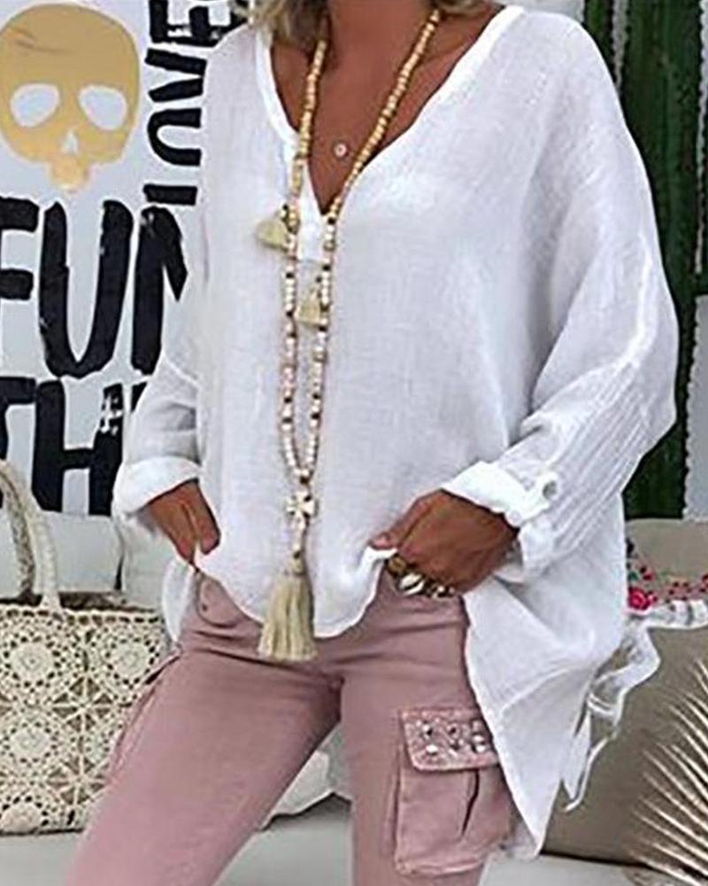 

Oversized V Neck Long Sleeve Blouse, White