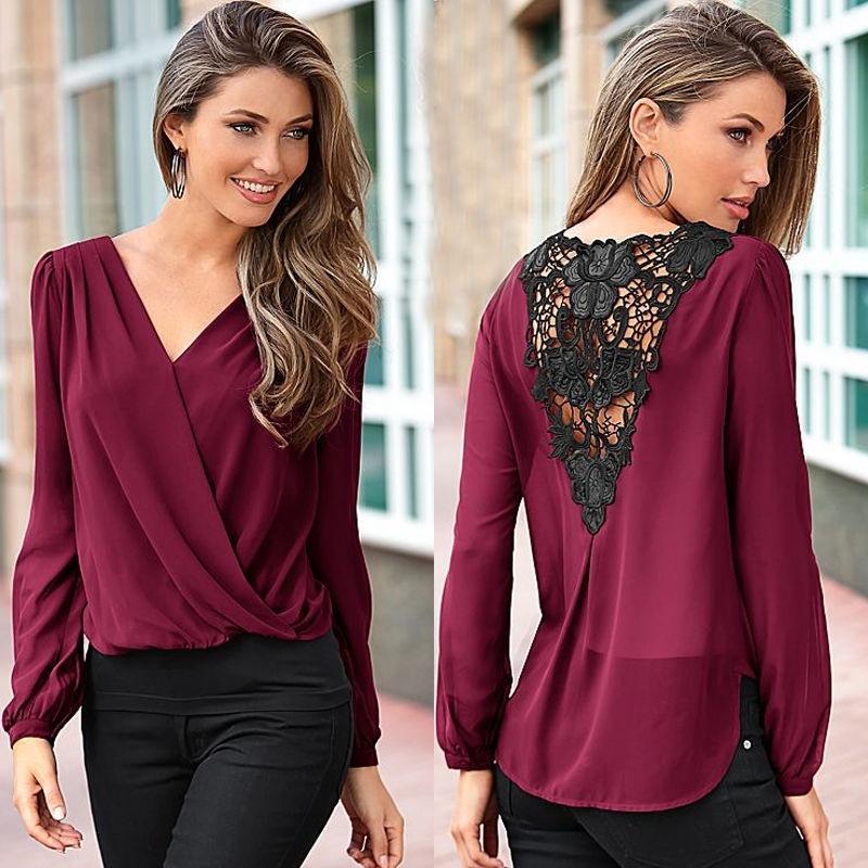 

Sexy Fashion Women V-neck Tops Tee Long Sleeve Shirt Casual Blouse Loose T-shirt, Wine red;purple